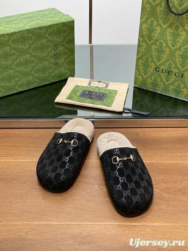 2024 Slippers Gucci Black Shearling GG Pattern