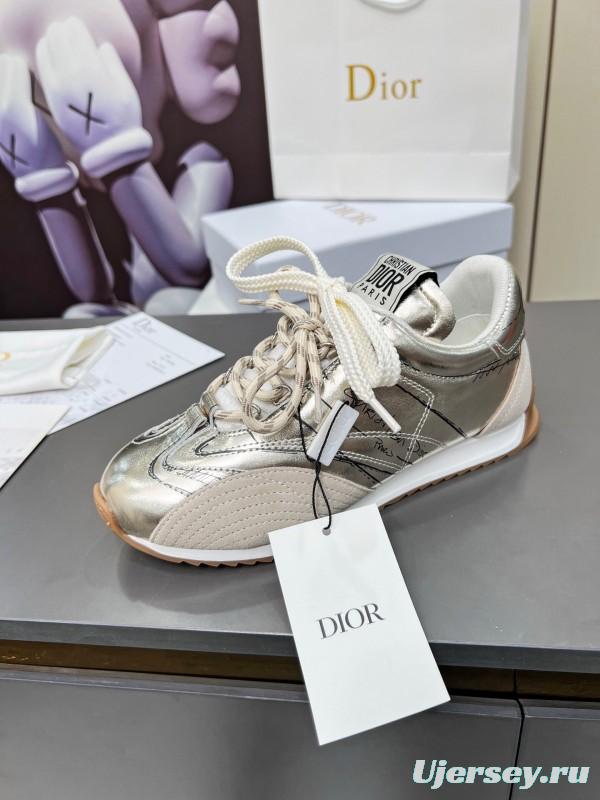 2025 Women Dior Silver Leather Suede Sneakers