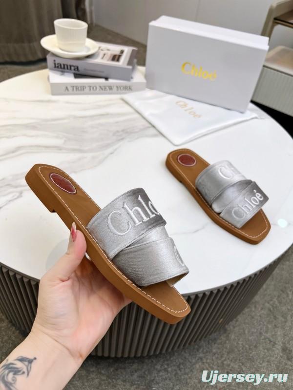 2025 Women Chloé Silver Leather Slippers LY00200