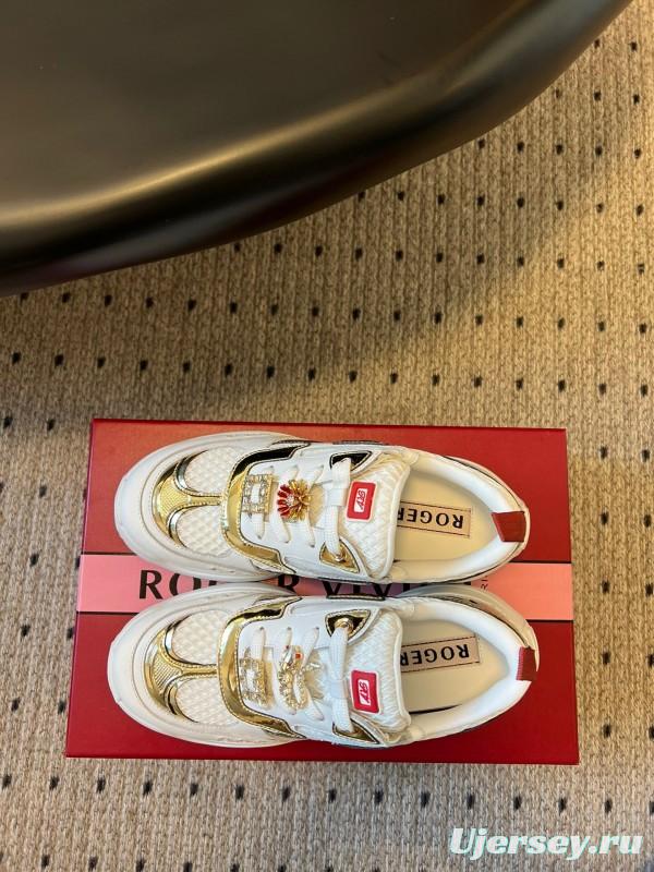 2025 Women Roger Vivier White Gold Leather Mesh Sneakers KFY00380