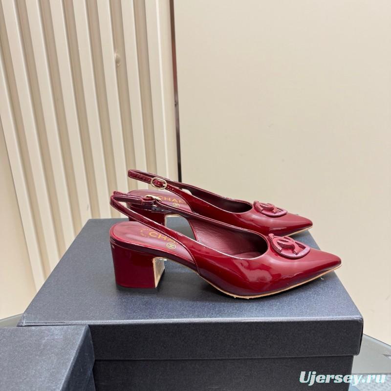 2025 Women Chanel Burgundy Patent Leather Slingback Pumps