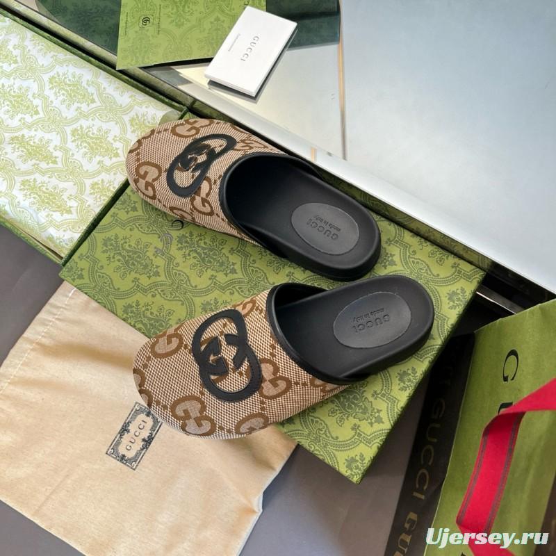 2024 Unisex Gucci Beige Brown Leather Slippers GG Pattern MJ00280