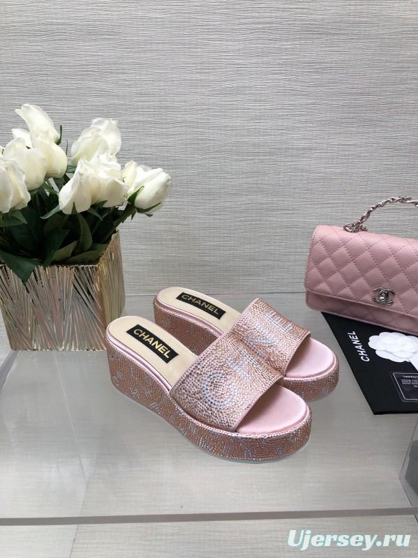2025 Slippers Chanel Pink Rhinestone Platform Slip-On LY00320