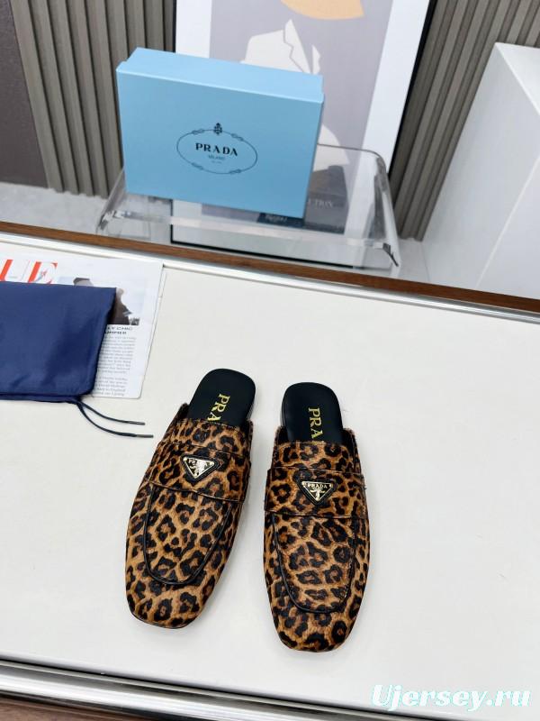 2025 Women Prada Leopard Calf Hair Slippers LY00260
