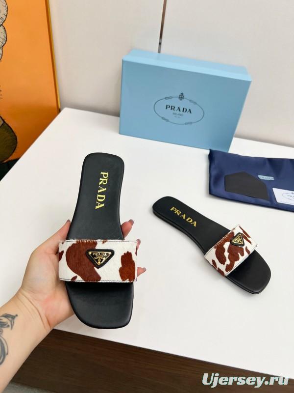 2025 Women Prada Brown White Calf Hair Leather Slippers LY00220