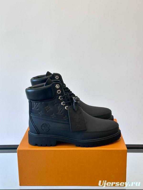 2024 Men Louis Vuitton Black Leather Monogram Work Boots MJ00390