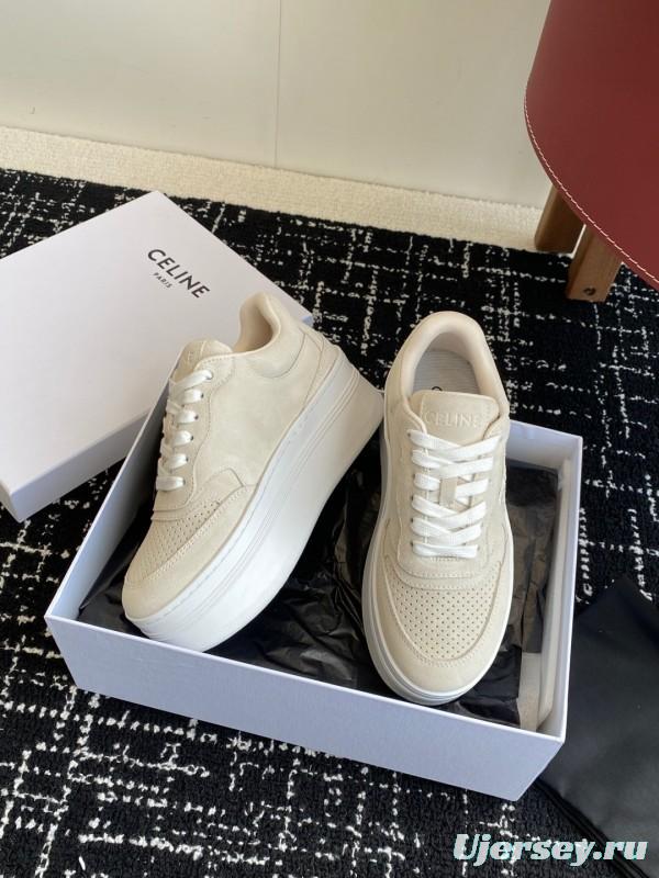 2025 Women Celine Beige Suede Platform Sneakers KFY00320