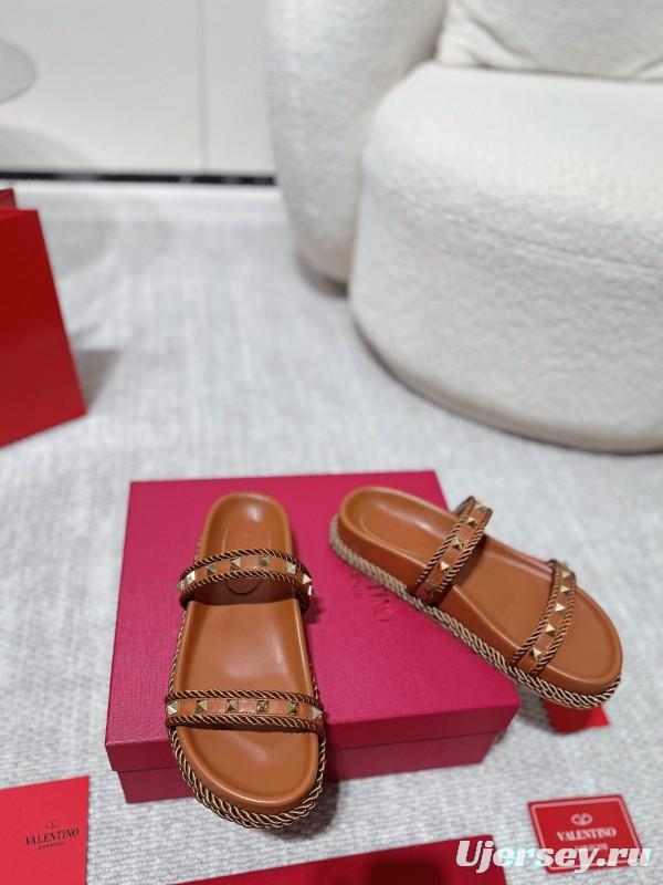 2025 Women Valentino Brown Leather Sandals Rope Braided LY00250