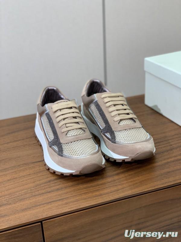 2025 Unisex Brunello Cucinelli Beige Black Mesh Suede Sneakers