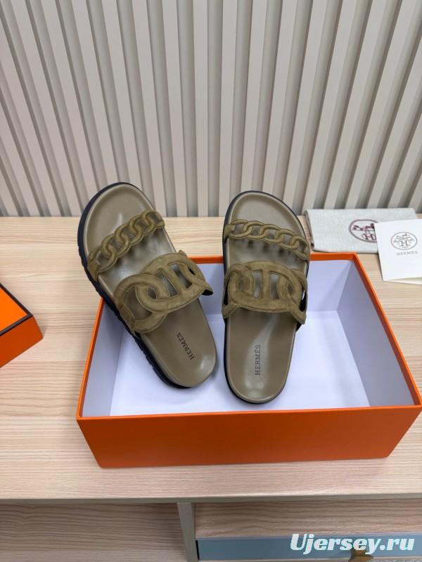 2025 Women Hermès Khaki Suede Slippers