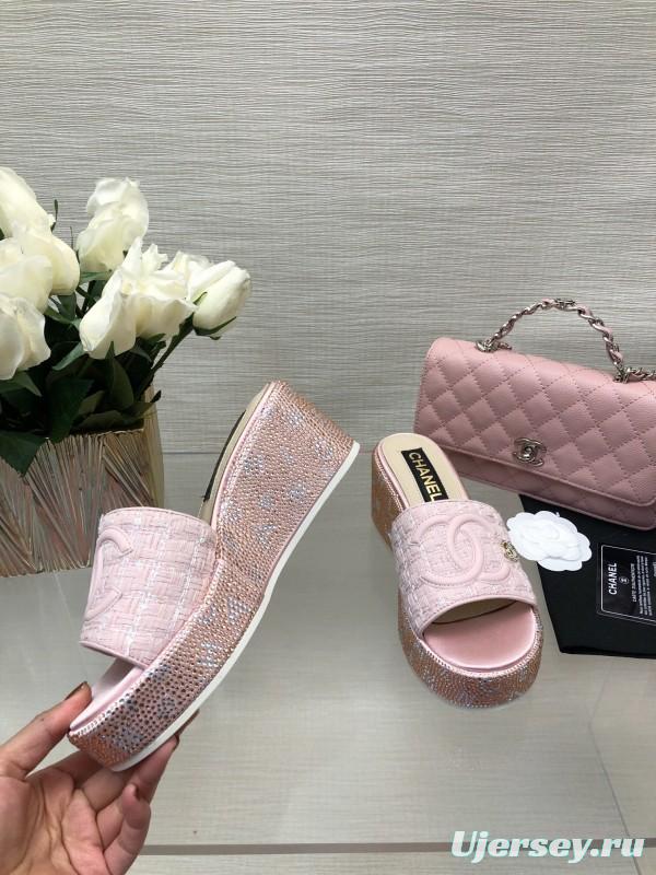 2025 Women Chanel Pink Tweed Platform Slippers LY00320