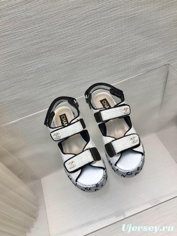 2025 Women Chanel White Black Leather Sandals Platform LY00330