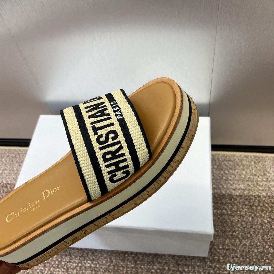 2025 Slippers Dior Beige Black Textile Platform Embroidery