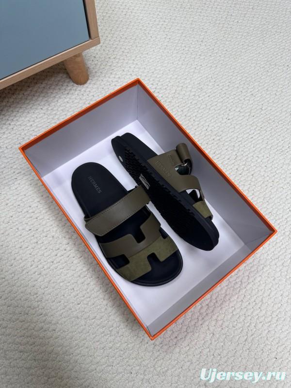 2025 Women Hermès Khaki Black Leather Slippers