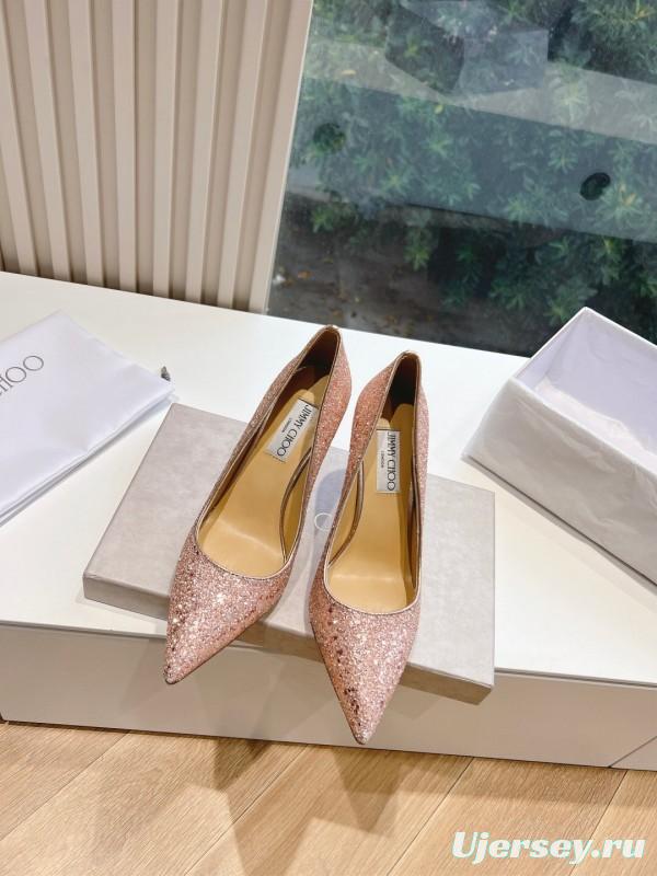 2025 Women Jimmy Choo Pink Glitter Leather Pointed Toe Pumps KFY00280