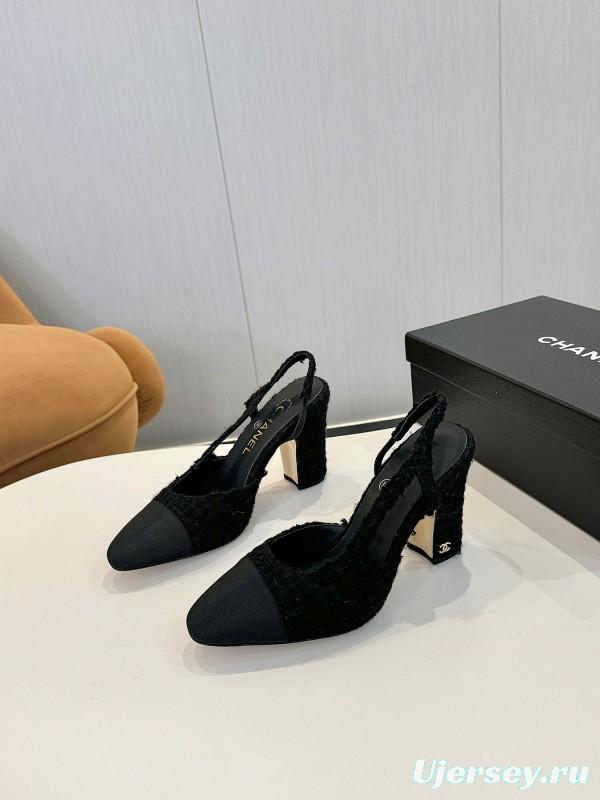 2025 Women Chanel Black Wool Leather Pumps LY00270