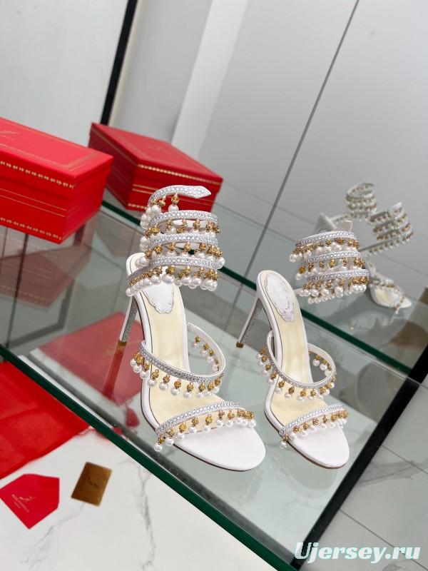 2025 Women RC White Crystal Pearl Leather High Heel Sandals LY00360