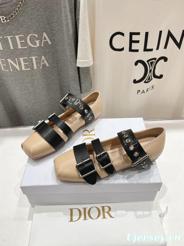 2025 Women Dior Beige Black Leather Mary Jane Buckle KFY00300