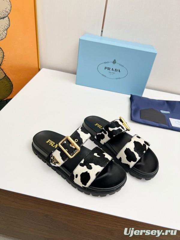 2025 Women Prada Black White Calf Hair Leather Sandals LY00260