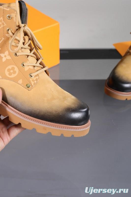 2024 Men Louis Vuitton Beige Black Leather Canvas Boots MJ00470