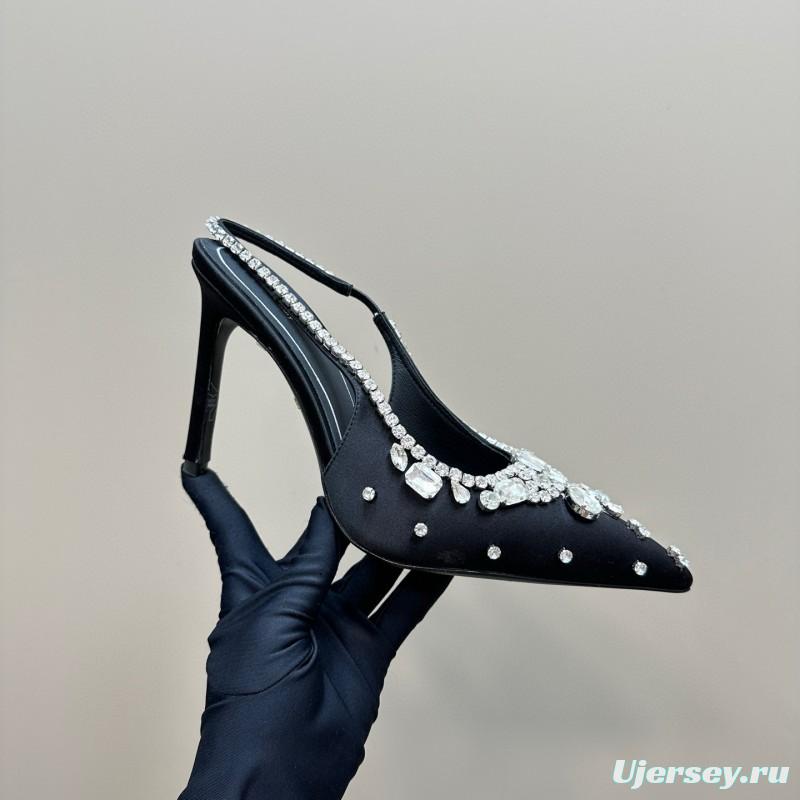 2025 Women Gucci Black Satin Slingback Heels Rhinestone MJ00340