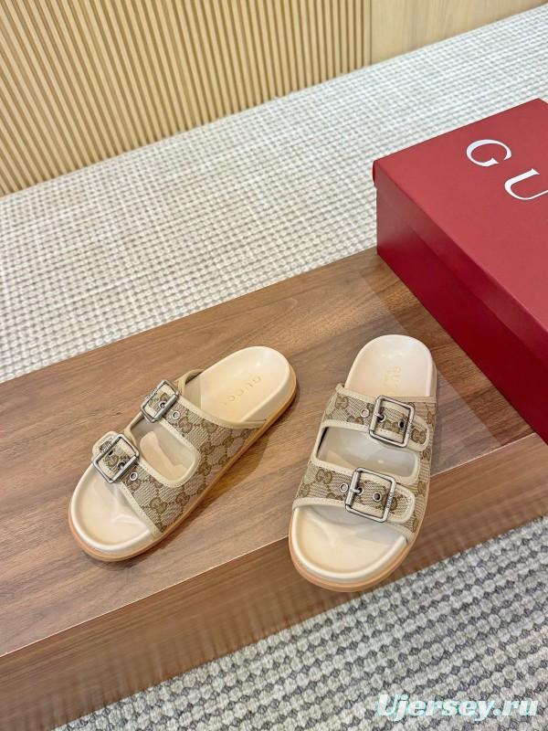 2025 Women Gucci Beige Canvas Leather Slippers LY00360