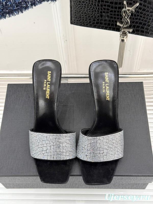 2025 Women Yves Saint Laurent Black Silver Crystal Leather Heeled Slippers LY00300