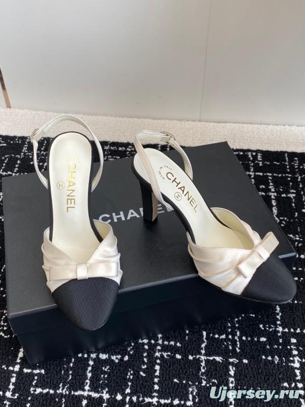 2025 Women Chanel Black White Satin Leather Slingback Heels