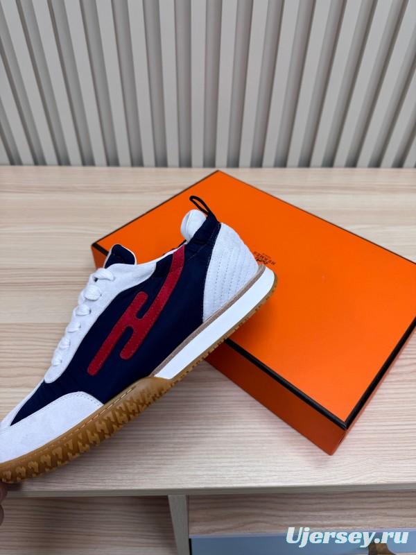 2025 Unisex Hermès White Navy Red Suede Down Fabric Sneakers KFY00300