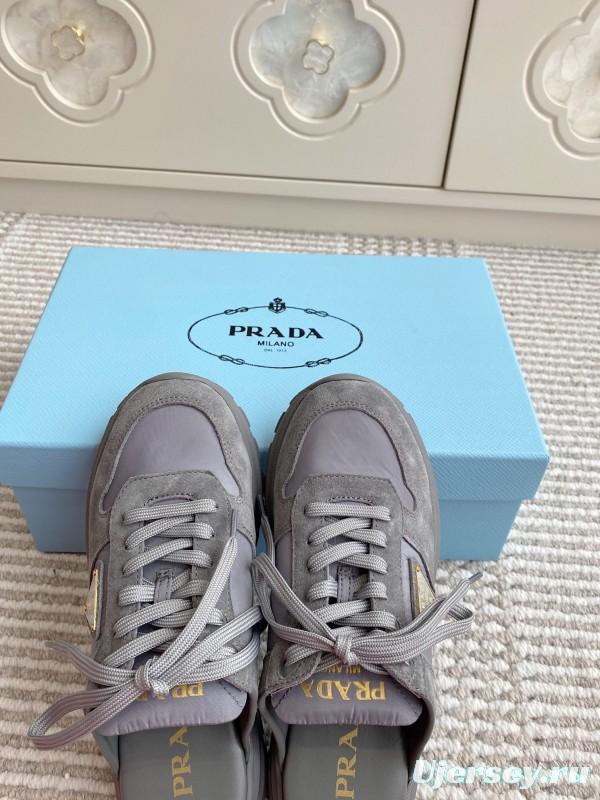 2025 Women Prada Grey Suede Nylon Sneakers LY00290