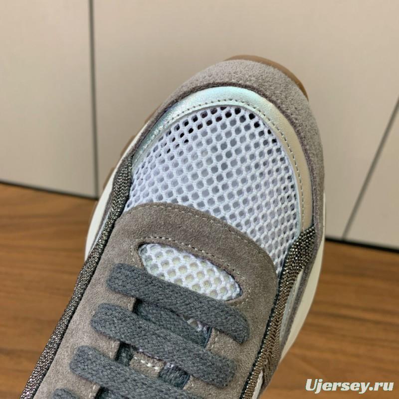 2025 Unisex Brunello Cucinelli Grey White Suede Mesh Leather Sneakers Handcrafted Beaded Chain KFY00310