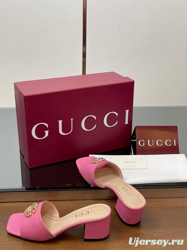 2025 Women Gucci Pink Lambskin Mid Heel Crystal GG Buckle Slide LY00280