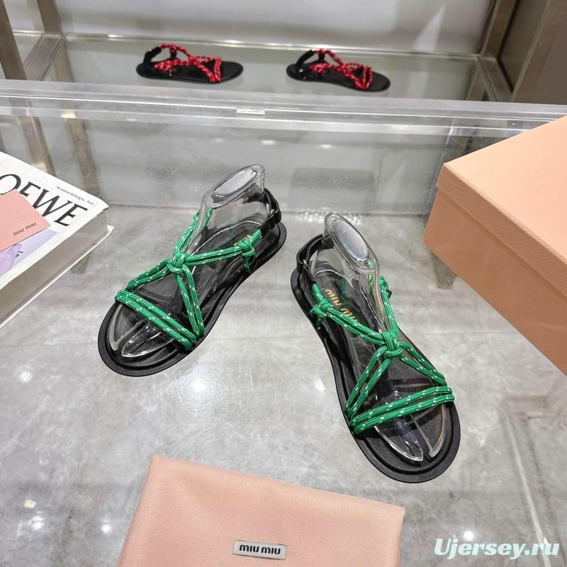 2025 Women Miu Miu Green Black Rope Leather Sandals
