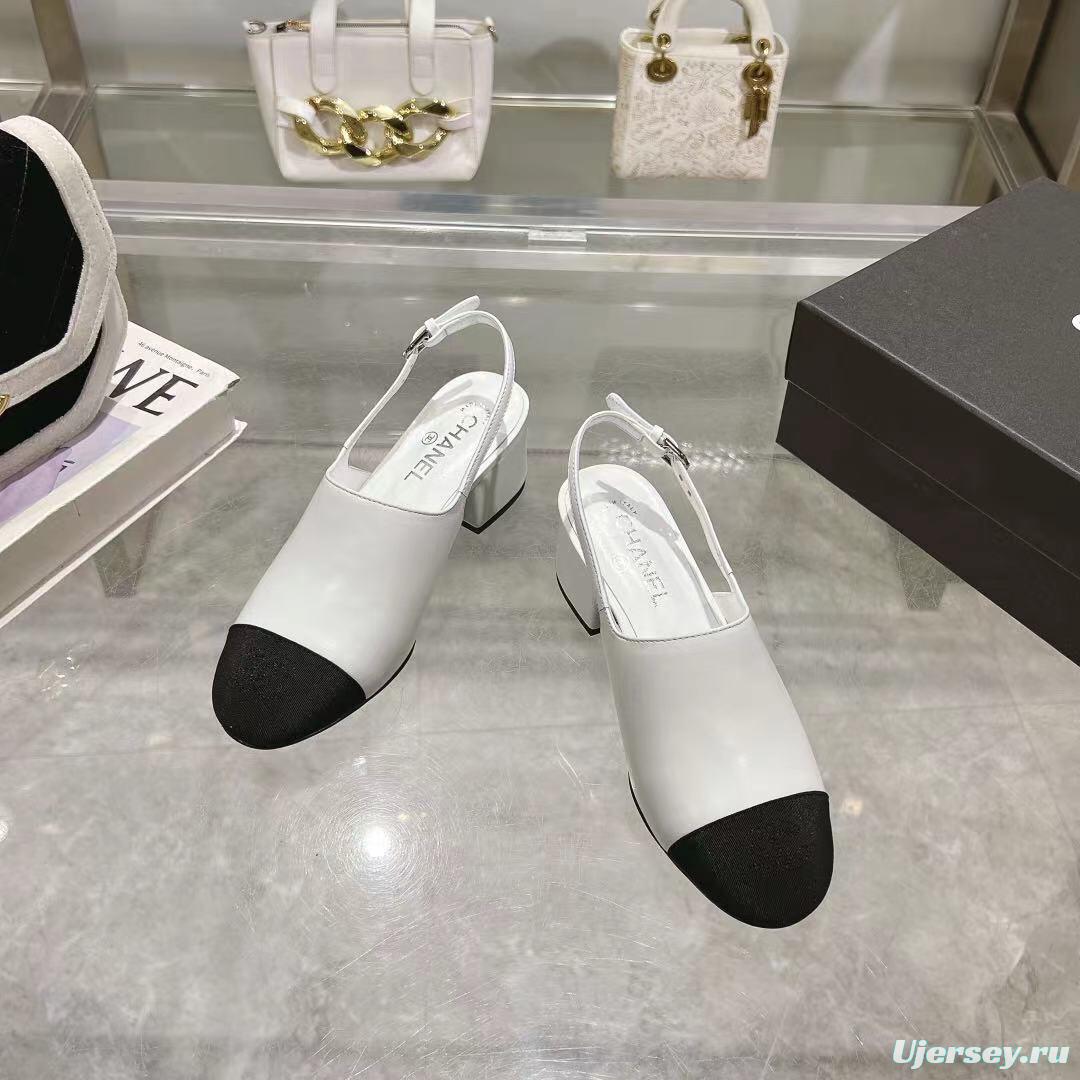 2025 Women Chanel White Black Leather Slingback Sandal LY00300