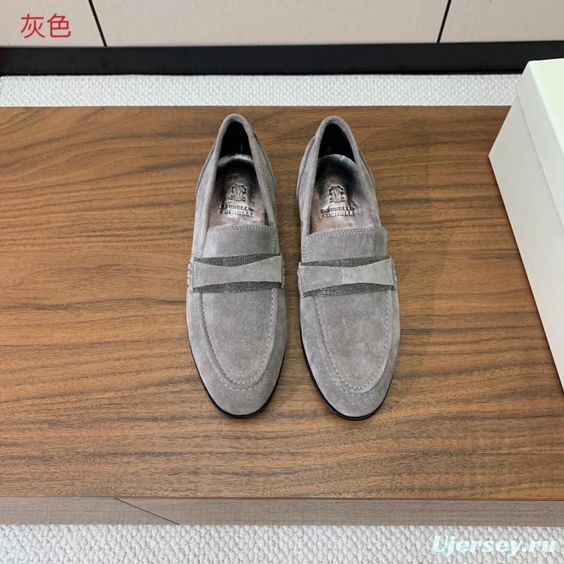 2025 Men Brunello Cucinelli Grey Suede Loafers Handcrafted Leather Sole KFY00300(M)