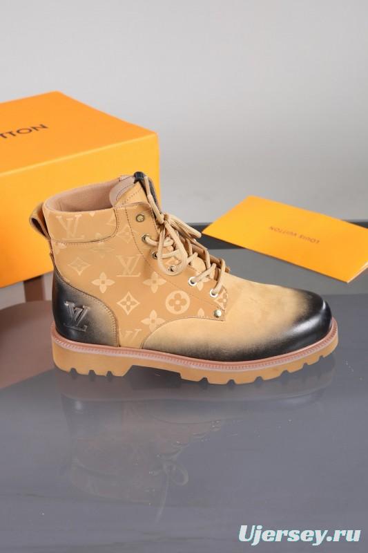 2024 Men Louis Vuitton Beige Black Leather Canvas Boots MJ00470