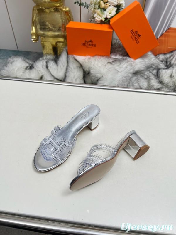 2025 Slippers Hermès Silver Leather Slippers MJ00180/215