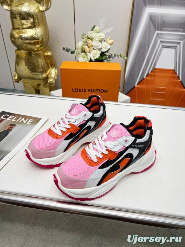 2025 Women Louis Vuitton Pink Orange Black Mesh Leather Sneakers LY00340