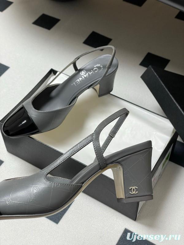 2025 Women Chanel Grey Black Leather Sling-back Heel