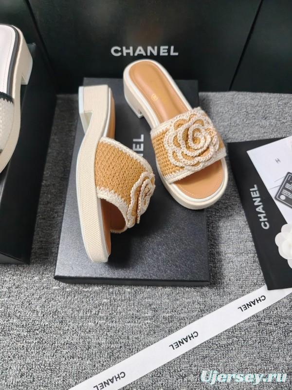 2025 Slippers Chanel Beige White Crochet Flower LY00260