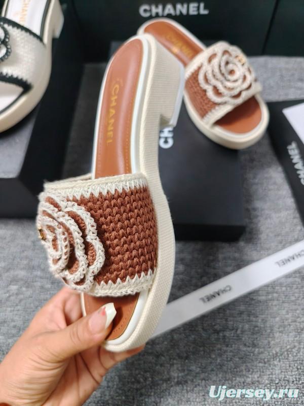 2025 Women Chanel Brown White Leather Slippers