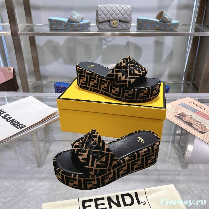 2025 Slippers Fendi Black Brown Canvas Platform FF Jacquard KFY00240