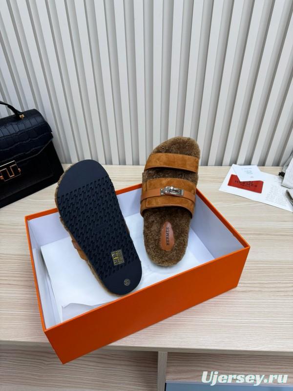 2024 Slippers Hermès Brown Suede Shearling Slippers MJ00300