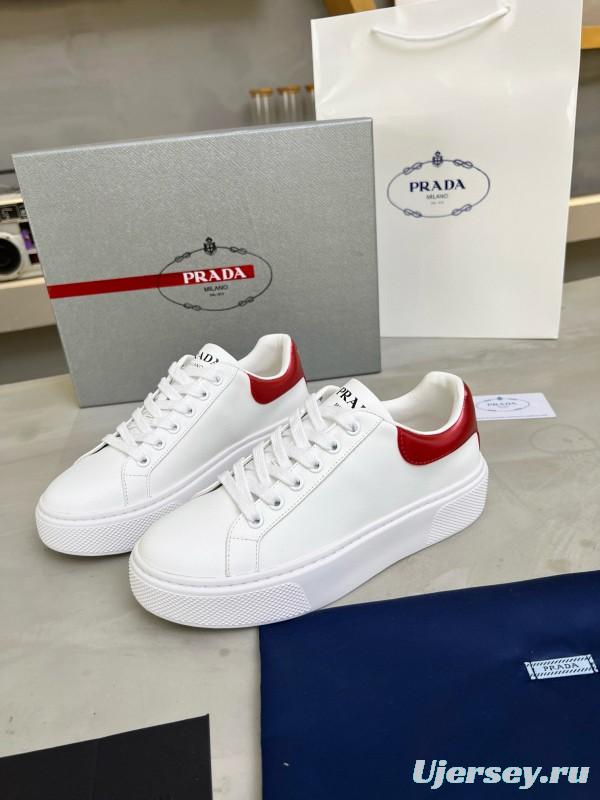 2024 Unisex Prada White Red Calfskin Silk Thick Sole Sneakers MJ00310