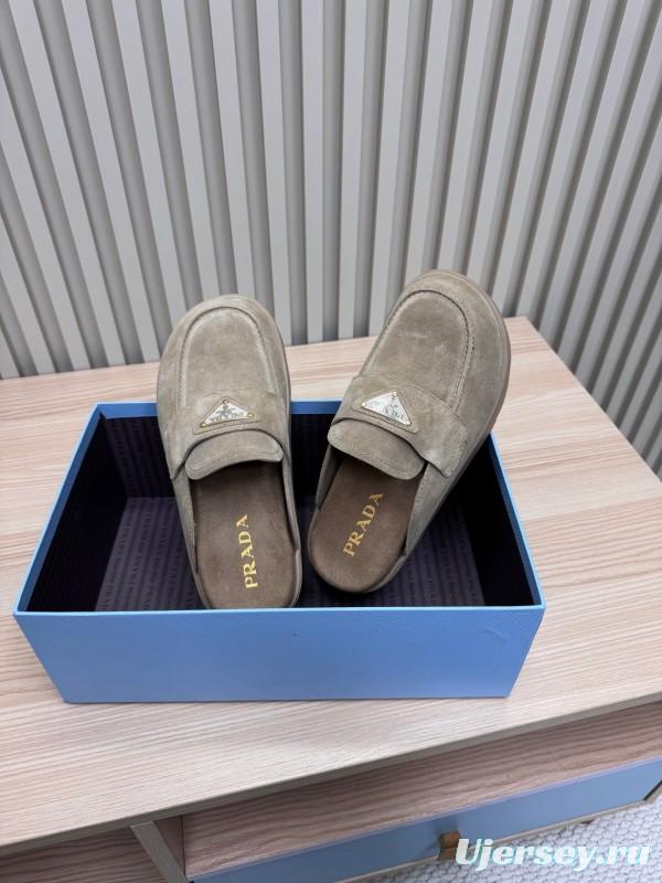 2025 Women Prada Khaki Suede Platform Loafers