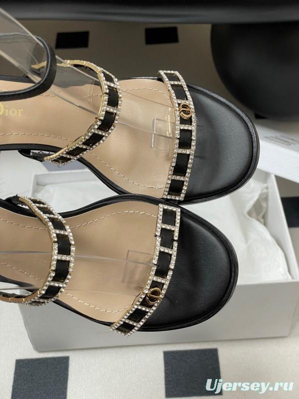 2025 Women Dior Black Leather Crystal Embellished High Heel Sandals