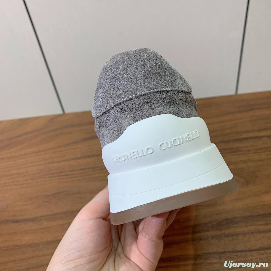 2025 Unisex Brunello Cucinelli Grey White Suede Mesh Leather Sneakers Handcrafted Beaded Chain KFY00310