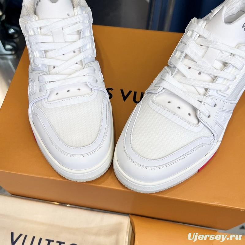2025 Unisex Louis Vuitton White Calf Leather Mesh Trainer TPU Plimsolls Goodyear Welt