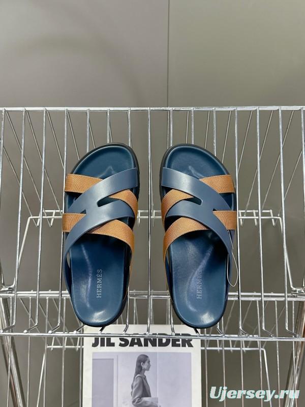 2025 Slippers Hermès Blue Brown Leather Slippers