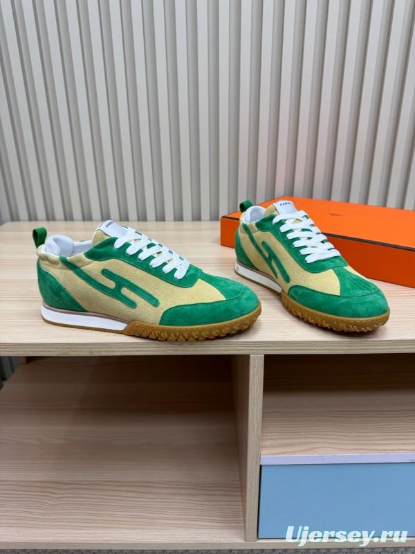 2025 Unisex Hermès Green Beige Suede Down Fabric Sneakers Top Version KFY00300
